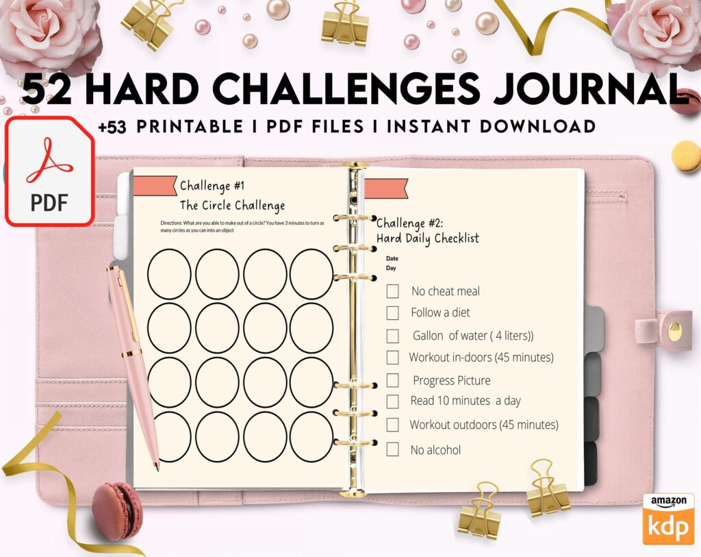 52 hard challenges, Daily challenges, diet, fitness, food, health, progress tracker, self care challenges, happiness, workout , PDF Printable, Kdp interior