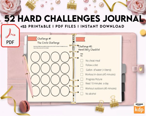 52 hard challenges, Daily challenges, diet, fitness, food, health, progress tracker, self care challenges, happiness, workout , PDF Printable, Kdp interior