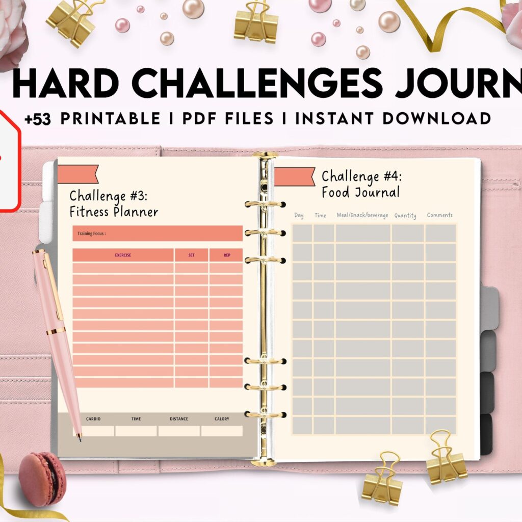 52 hard challenges, Daily challenges, diet, fitness, food, health, progress tracker, self care challenges, happiness, workout , PDF Printable, Kdp interior