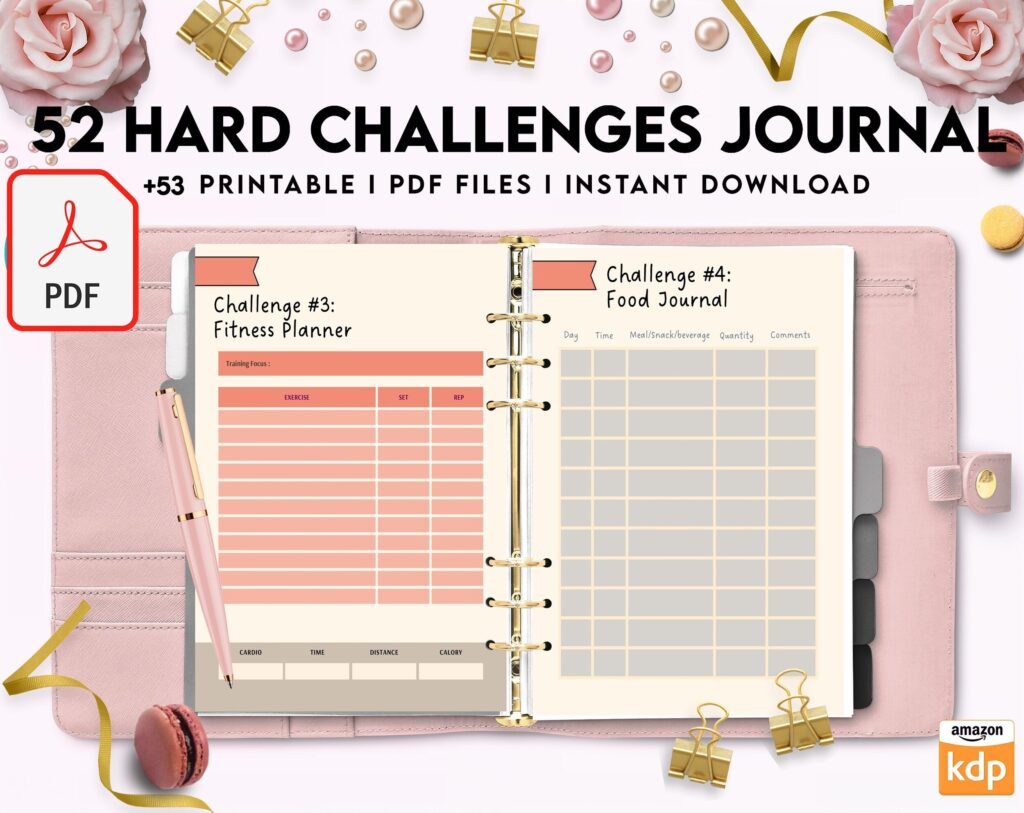 52 hard challenges, Daily challenges, diet, fitness, food, health, progress tracker, self care challenges, happiness, workout , PDF Printable, Kdp interior