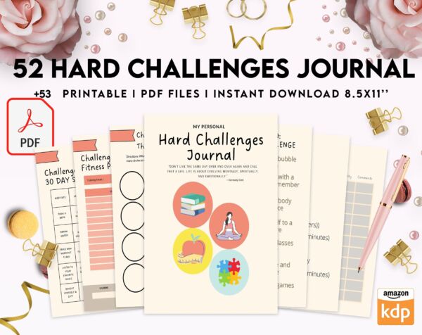 52 hard challenges, Daily challenges, diet, fitness, food, health, progress tracker, self care challenges, happiness, workout , PDF Printable, Kdp interior
