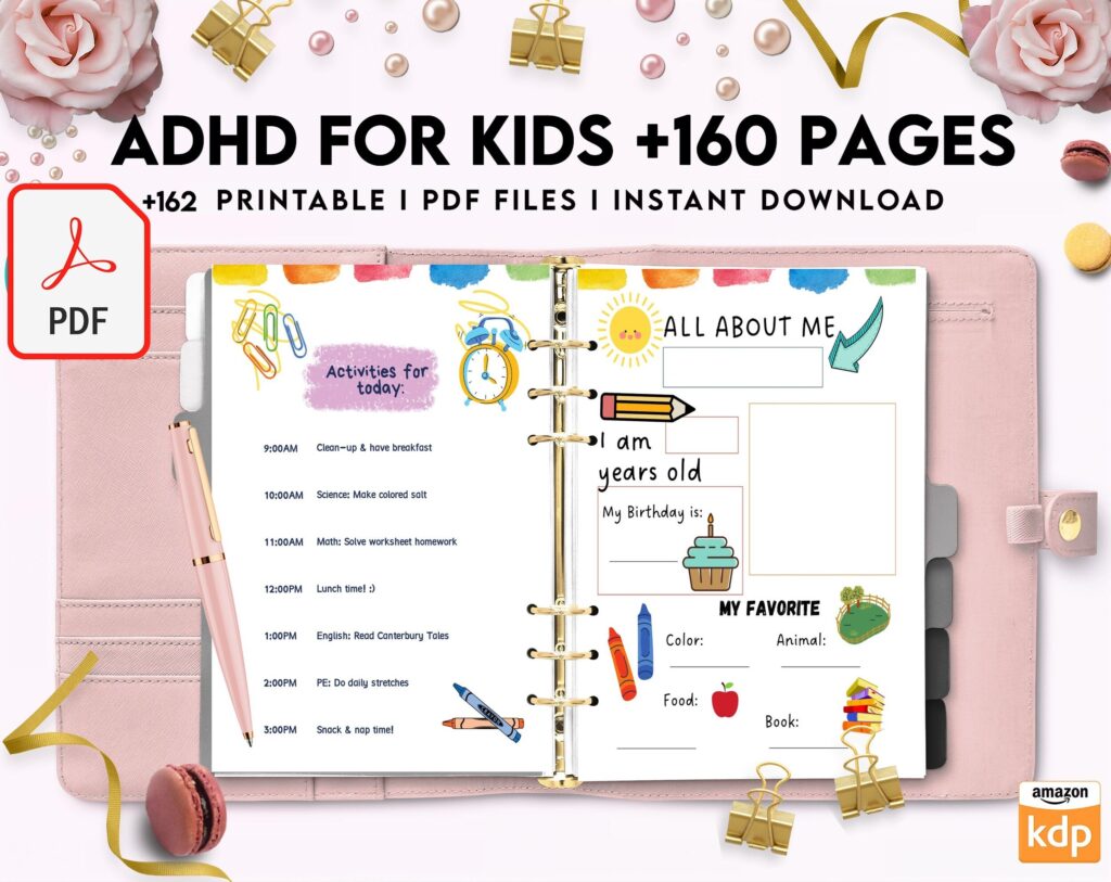 ADHD Planner For Kids , 8×11 inch pages size Kids ADHD Planner, Kids School Planner, ADHD Planner Sheets, Colorful Planner, PDF Printable, Kdp interior