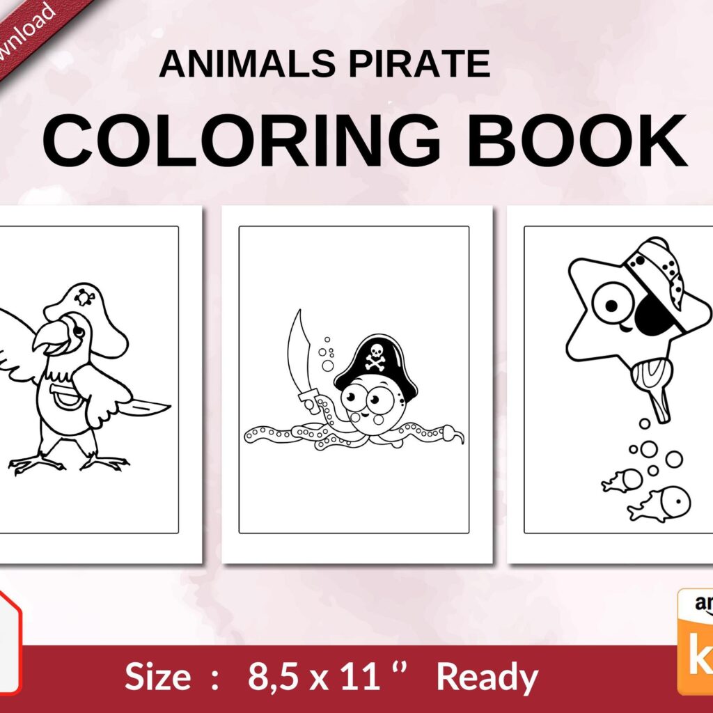 Animals Pirate Coloring book For Kids aged 2-4 4-8 8-1, PDF File 8.5×11 inch, KDP interior Ready To Upload COMMERCIAL Use