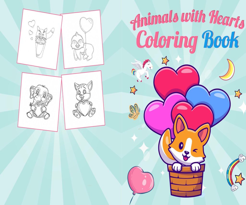 Animals with Hearts Coloring book For Kids aged 2-4 4-8 8-1, PDF File 8.5×11 inch, KDP interior Ready To Upload COMMERCIAL Use