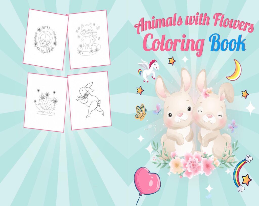 Animals with flowers Coloring book For Kids aged 2-4 4-8 8-1, PDF File 8.5×11 inch, KDP interior Ready To Upload COMMERCIAL Use
