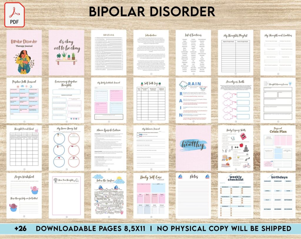 Bipolar mood tracker printable pdf, bipolar Disorder Therapy Journal: Mental Health, Depression, Anxiety, Mood Swings, Manic, Depressive, PDF Printable, Kdp interior