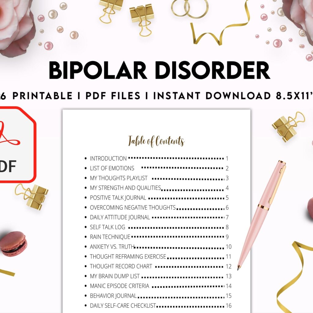 Bipolar Disorder Therapy Journal: Mental Health, Depression, Anxiety, Mood Swings, Manic, Depressive, PDF Printable, Kdp interior