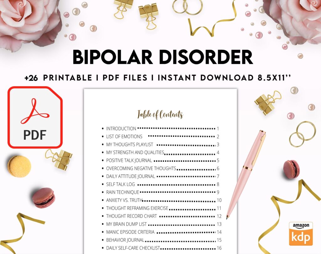 Bipolar Disorder Therapy Journal: Mental Health, Depression, Anxiety, Mood Swings, Manic, Depressive, PDF Printable, Kdp interior