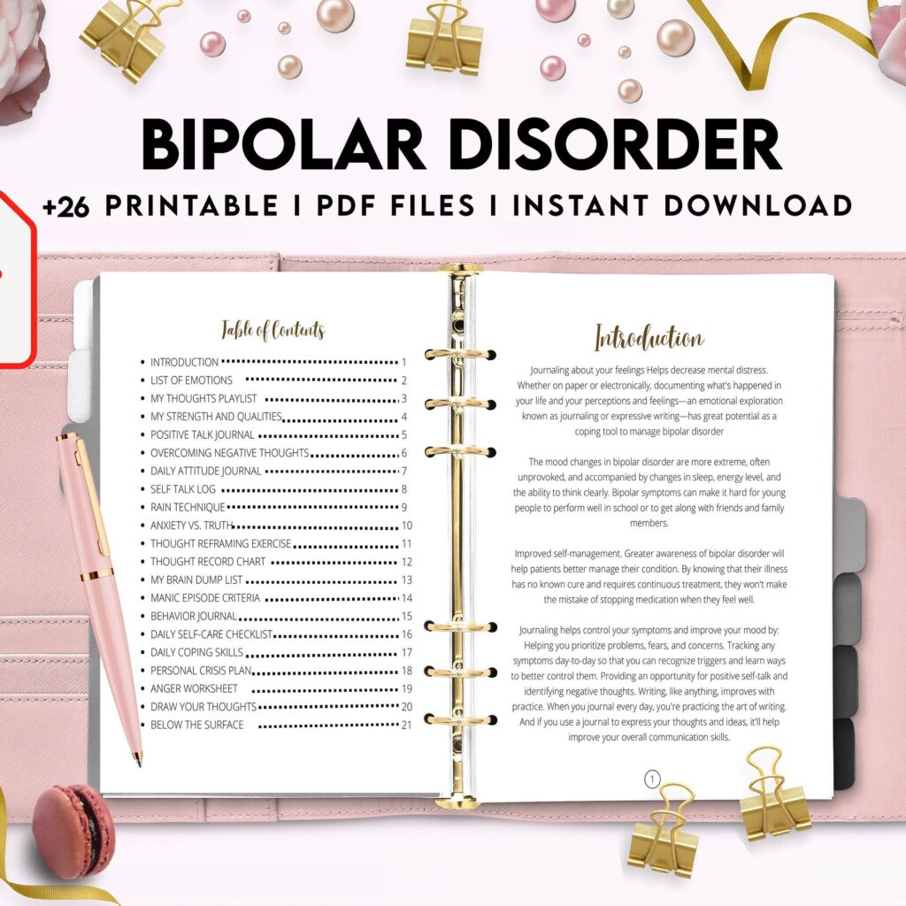 Bipolar Disorder Therapy Journal: Mental Health, Depression, Anxiety, Mood Swings, Manic, Depressive, PDF Printable, Kdp interior