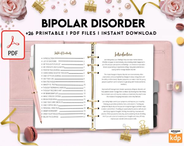 Bipolar Disorder Therapy Journal: Mental Health, Depression, Anxiety, Mood Swings, Manic, Depressive, PDF Printable, Kdp interior