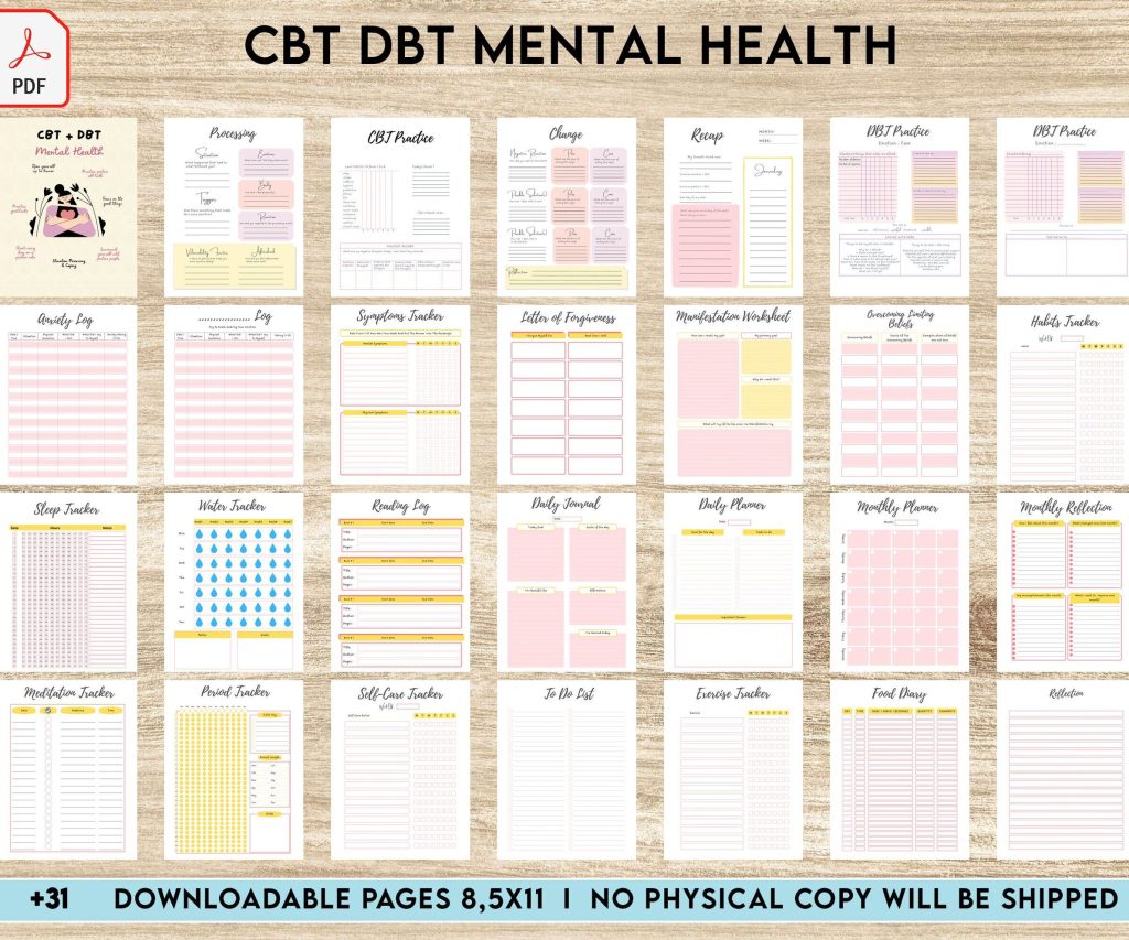 CBT and DBT PDF Mental Health workbook, CBT + DBT Mental Health Journal & Worksheets, Situation Processing & Coping, CBT DBT therapy, PDF Printable, Kdp interior