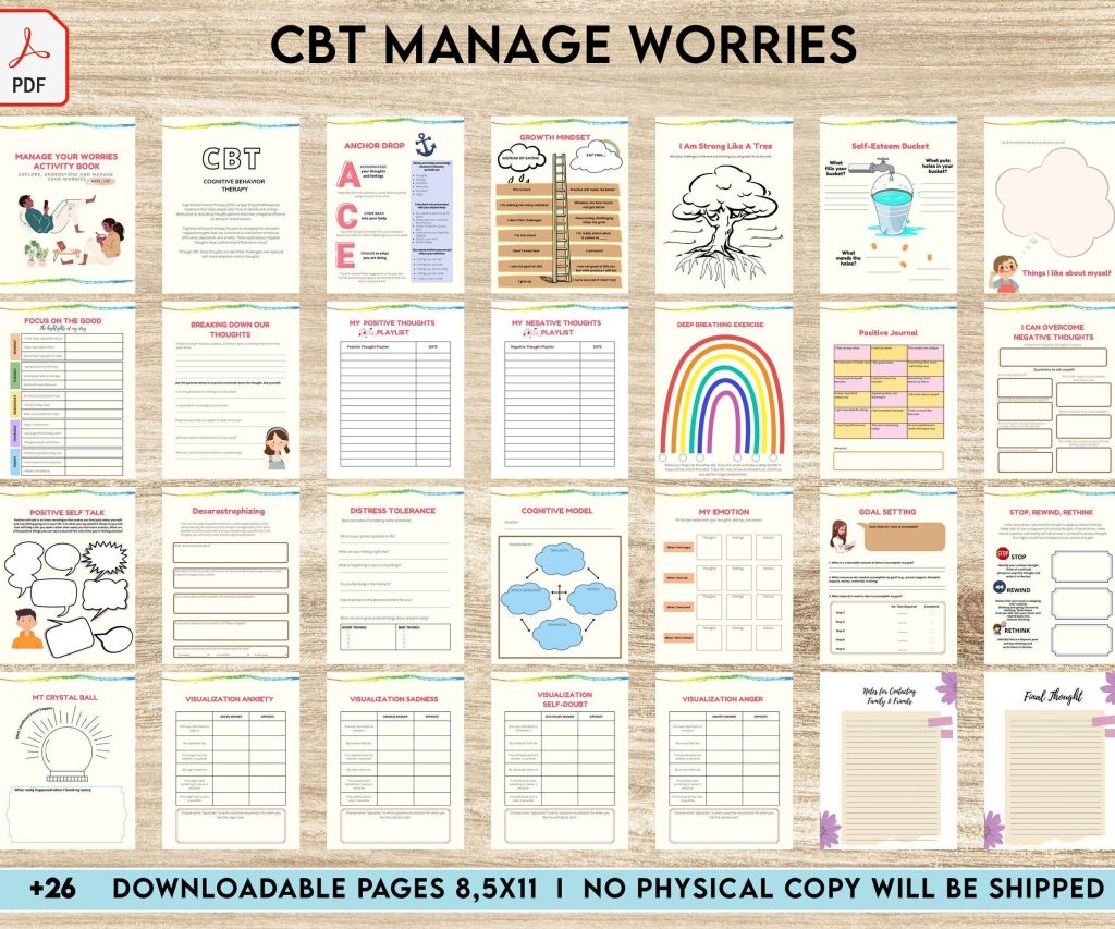 CBT activity book for Adults and kids age 12+, therapy worksheets, therapy tools, therapy resources, zones of regulation, anxiety, PDF Printable, Kdp interior