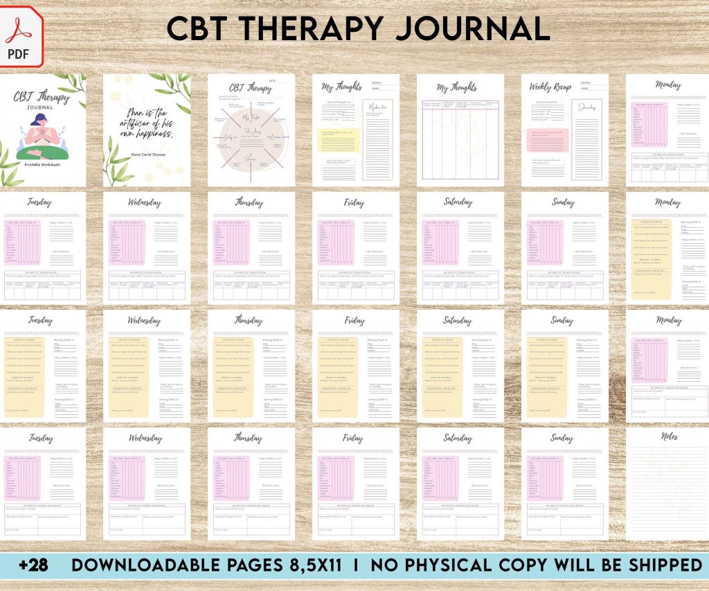 CBT Journal, CBT Worksheet and Planner Bundle, Cognitive Behavioural Therapy, PDF Printable, Kdp interior