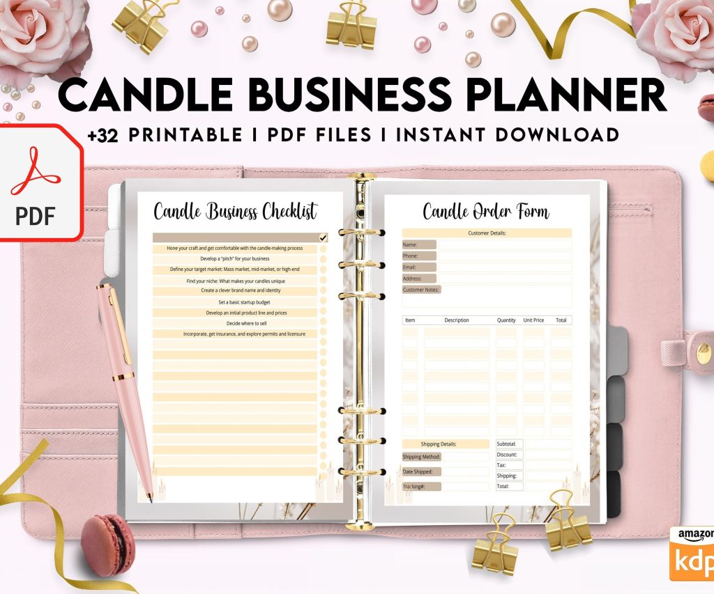 Candle Business Planner, Order form, Invoice, Tracker Etc. , 32 pages PDF Printable, Kdp interior