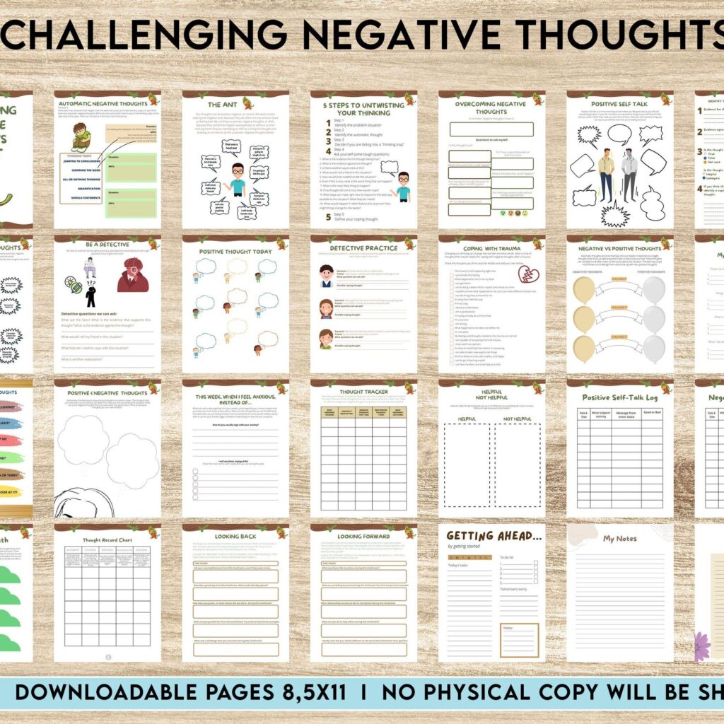 printable challenging negative thoughts worksheet,Challenging Negative Thoughts, CBT 8×11 inch pages size Worksheets, Self care journal, Self Help Tool Therapy Mental Health Counseling Aid, PDF Printable, Kdp interior