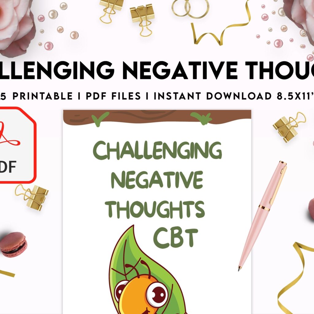 Challenging Negative Thoughts, CBT 8×11 inch pages size Worksheets, Self care journal, Self Help Tool Therapy Mental Health Counseling Aid, PDF Printable, Kdp interior