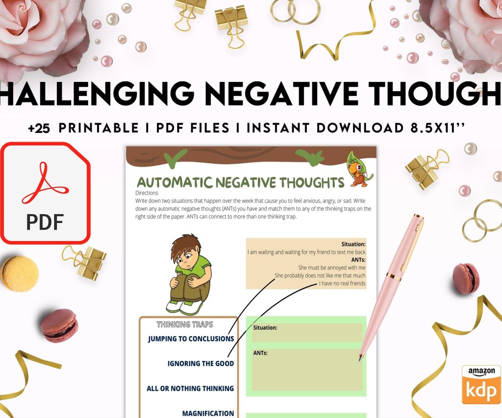 Challenging Negative Thoughts, CBT 8×11 inch pages size Worksheets, Self care journal, Self Help Tool Therapy Mental Health Counseling Aid, PDF Printable, Kdp interior