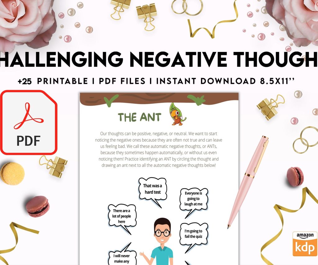 Challenging Negative Thoughts, CBT 8×11 inch pages size Worksheets, Self care journal, Self Help Tool Therapy Mental Health Counseling Aid, PDF Printable, Kdp interior