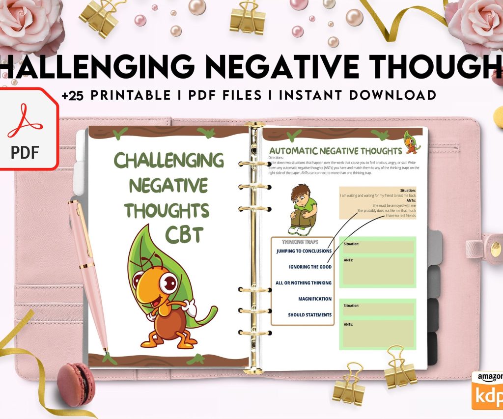 Challenging Negative Thoughts, CBT 8×11 inch pages size Worksheets, Self care journal, Self Help Tool Therapy Mental Health Counseling Aid, PDF Printable, Kdp interior