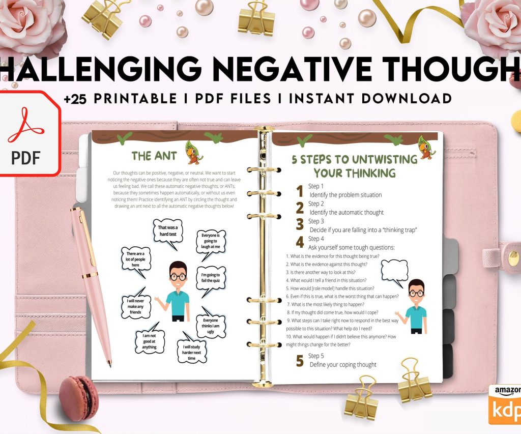 Challenging Negative Thoughts, CBT 8×11 inch pages size Worksheets, Self care journal, Self Help Tool Therapy Mental Health Counseling Aid, PDF Printable, Kdp interior