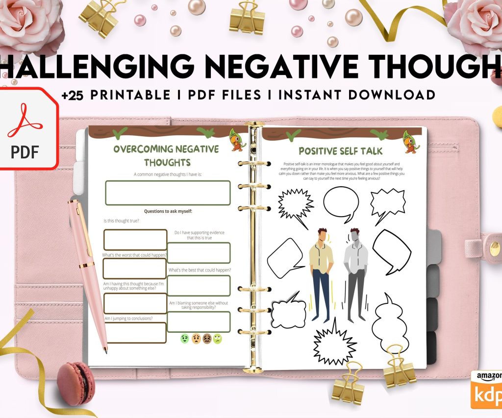 Challenging Negative Thoughts, CBT 8×11 inch pages size Worksheets, Self care journal, Self Help Tool Therapy Mental Health Counseling Aid, PDF Printable, Kdp interior