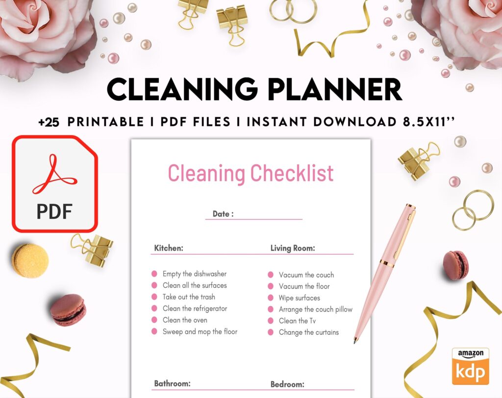 Cleaning Planner, Daily weekly monthly planner, cleaning Checklist, Cleaning tracker, PDF Printable, Kdp interior