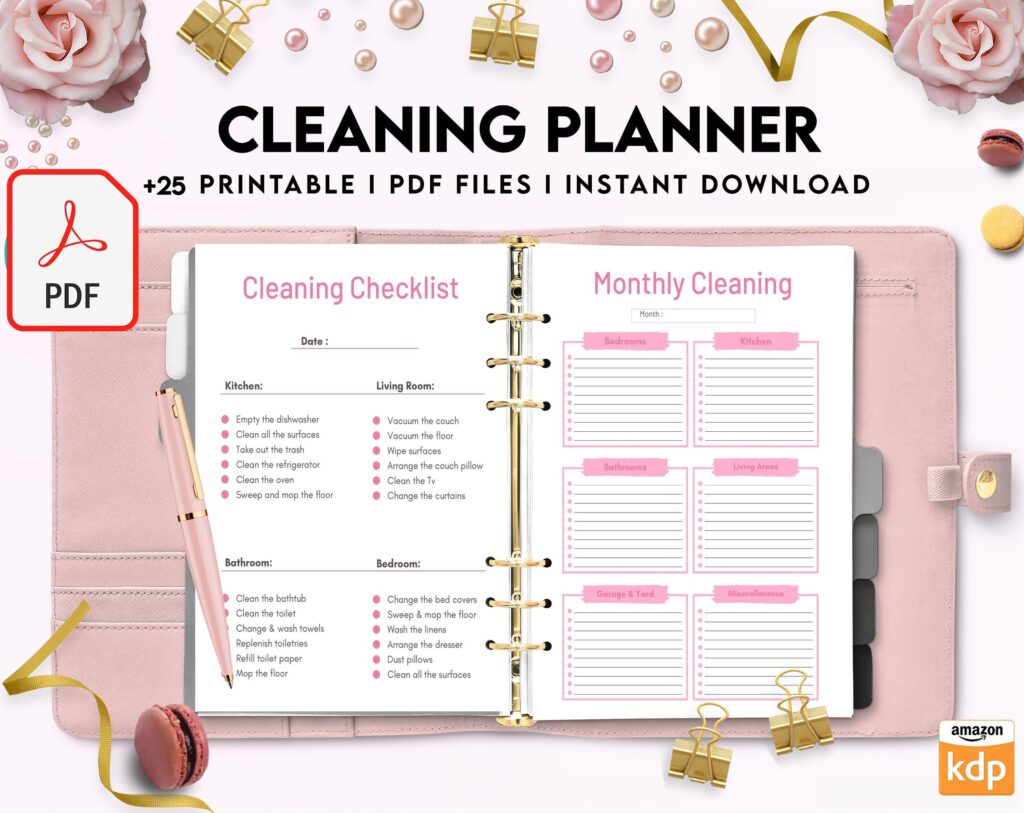 Cleaning Planner, Daily weekly monthly planner, cleaning Checklist, Cleaning tracker, PDF Printable, Kdp interior