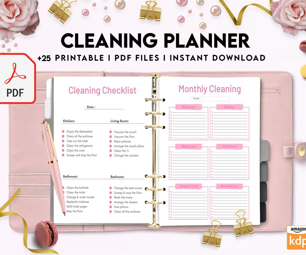 Cleaning Planner, Daily weekly monthly planner, cleaning Checklist, Cleaning tracker, PDF Printable, Kdp interior