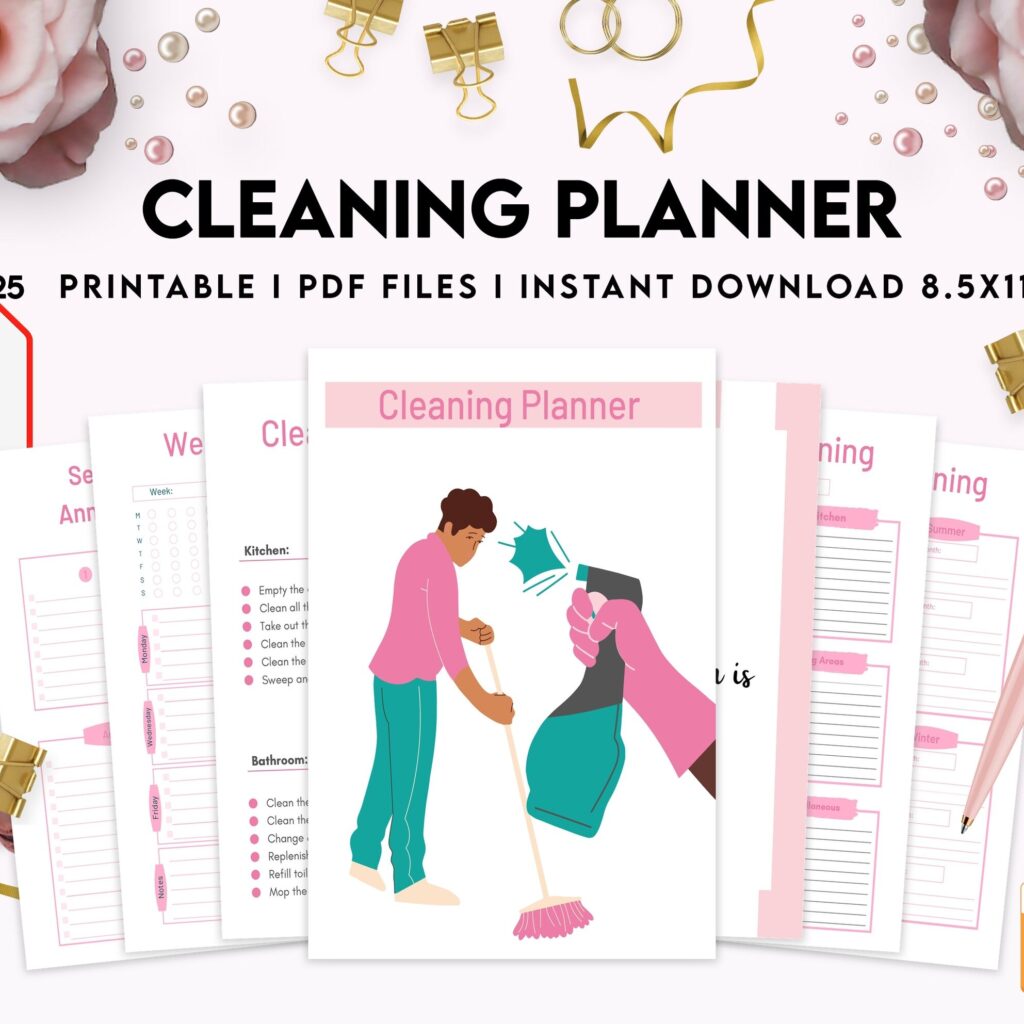 Cleaning Planner, Daily weekly monthly planner, cleaning Checklist, Cleaning tracker, PDF Printable, Kdp interior