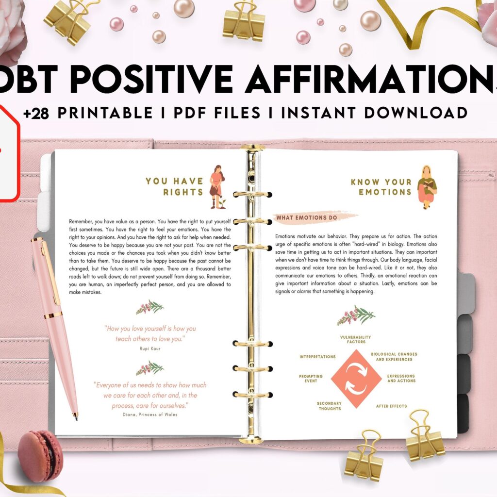 DBT Bundle, Diary Card, Cheat Sheet, Positive Affirmations, Dialectical Behavior Therapy, PDF Printable, Kdp interior