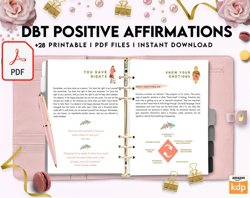 DBT Bundle, Diary Card, Cheat Sheet, Positive Affirmations, Dialectical Behavior Therapy, PDF Printable, Kdp interior