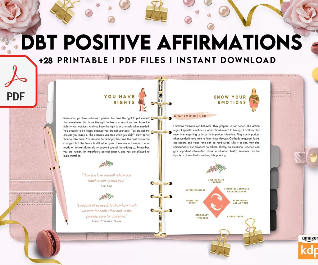 DBT Bundle, Diary Card, Cheat Sheet, Positive Affirmations, Dialectical Behavior Therapy, PDF Printable, Kdp interior