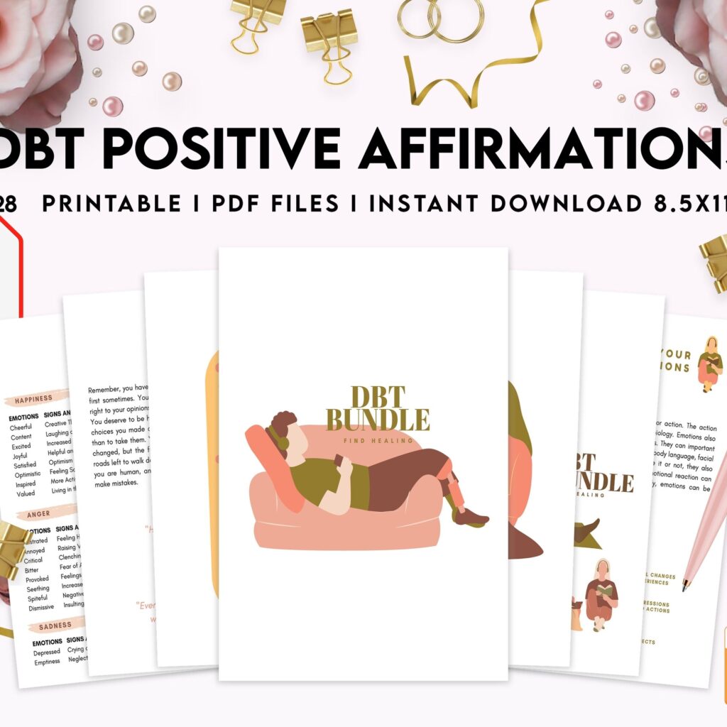 DBT Bundle, Diary Card, Cheat Sheet, Positive Affirmations, Dialectical Behavior Therapy, PDF Printable, Kdp interior
