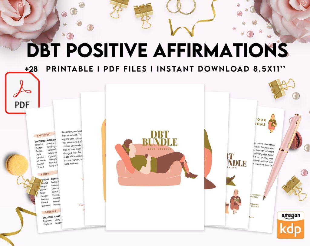 DBT Bundle, Diary Card, Cheat Sheet, Positive Affirmations, Dialectical Behavior Therapy, PDF Printable, Kdp interior