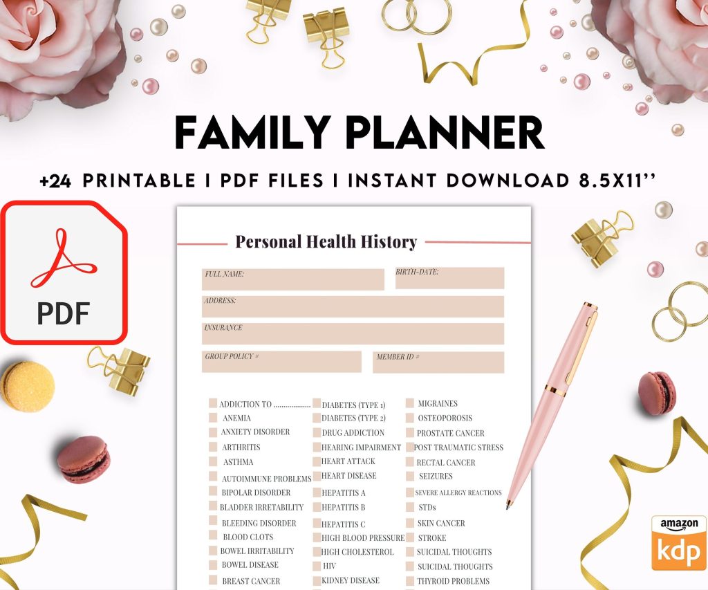 Family Health History, Personal Health History, Medical Record Tracker, Medical Appointment Tracker, Physician Form template, PDF Printable, Kdp interior