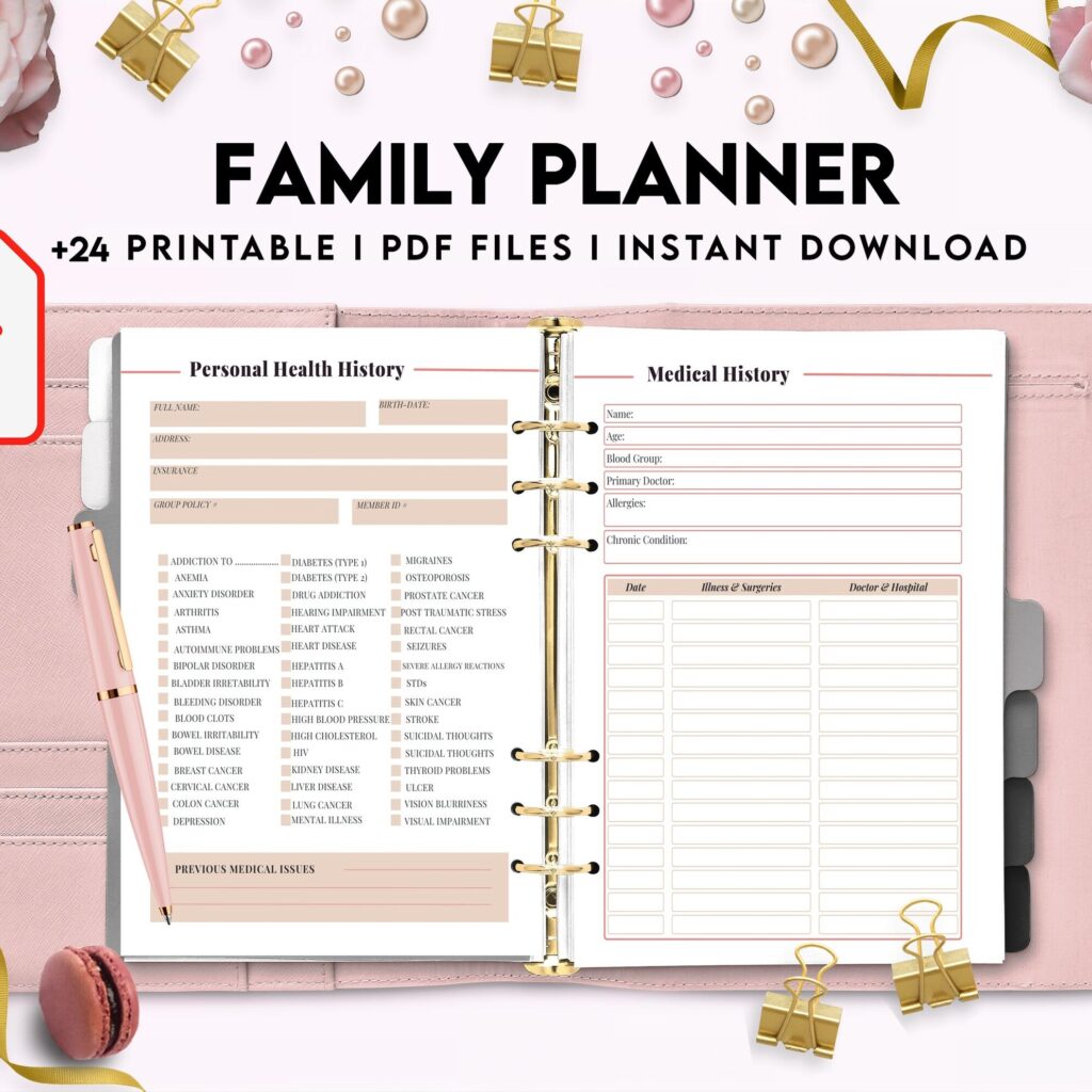 Family Health History, Personal Health History, Medical Record Tracker, Medical Appointment Tracker, Physician Form template, PDF Printable, Kdp interior