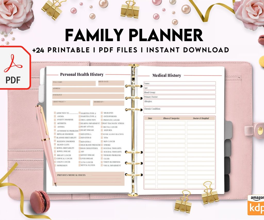 Family Health History, Personal Health History, Medical Record Tracker, Medical Appointment Tracker, Physician Form template, PDF Printable, Kdp interior