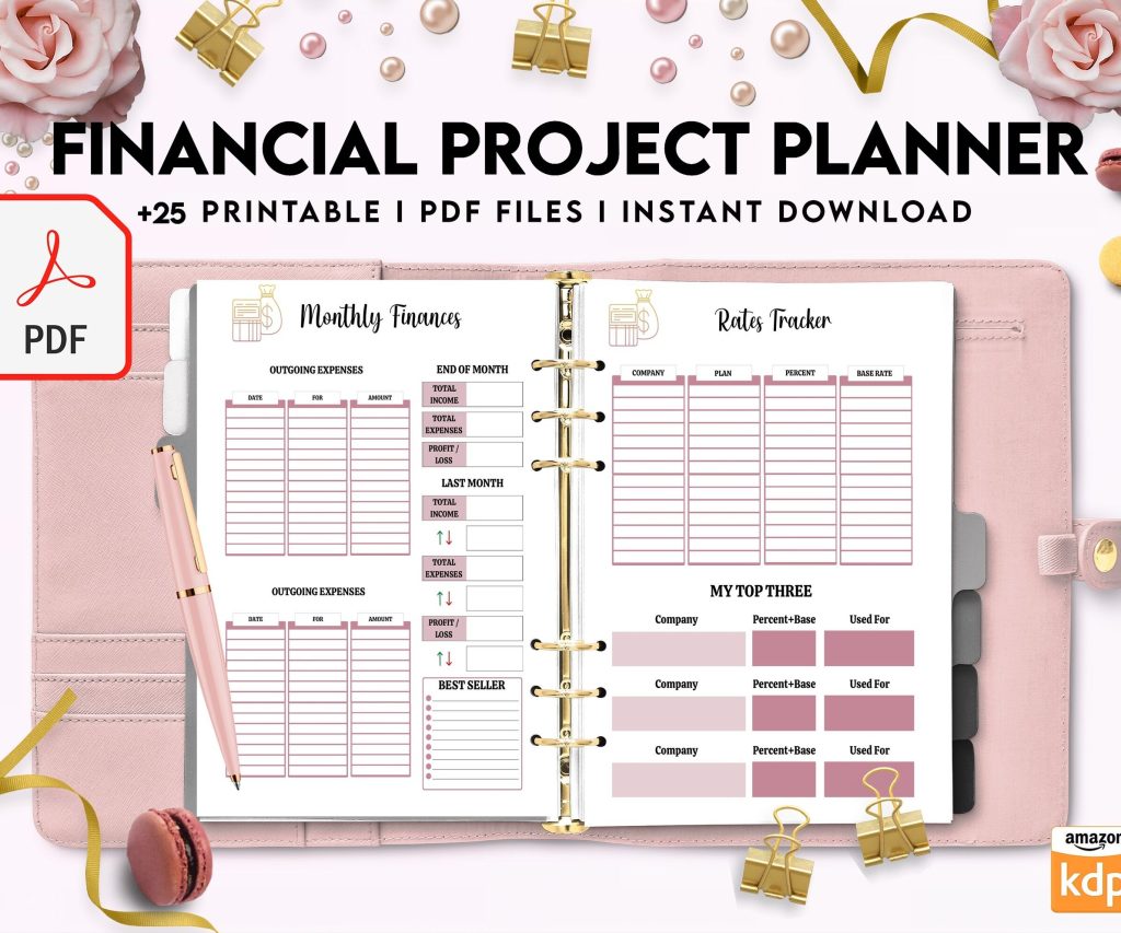 Financial Project Planner| 8×11 inch pages size Budget Planner| Finance Savings Tracker Binder| Monthly Debt| Bill Tracker| Expenses Tracker, PDF Printable, Kdp interior