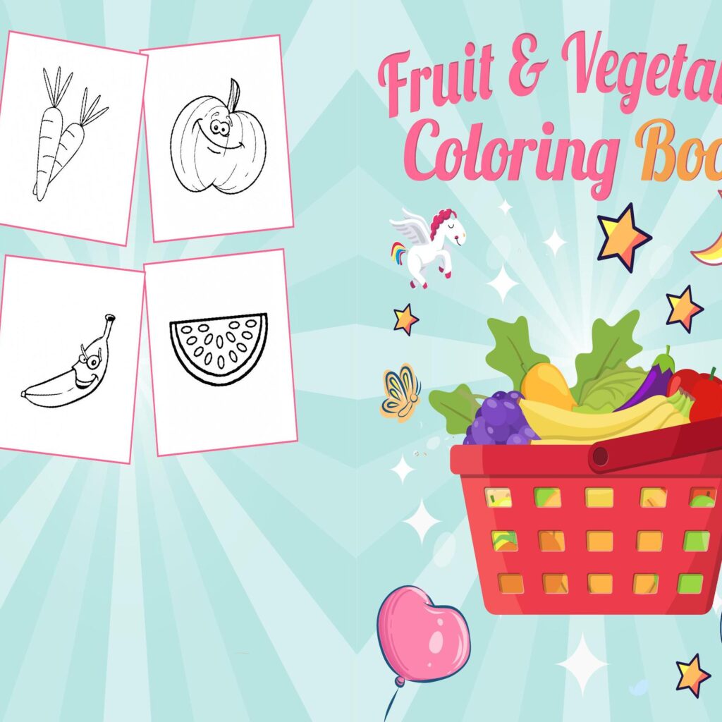 Fruits and vegetables Coloring book For Kids aged 2-4 4-8 8-1, PDF File 8.5×11 inch, KDP interior Ready To Upload COMMERCIAL Use