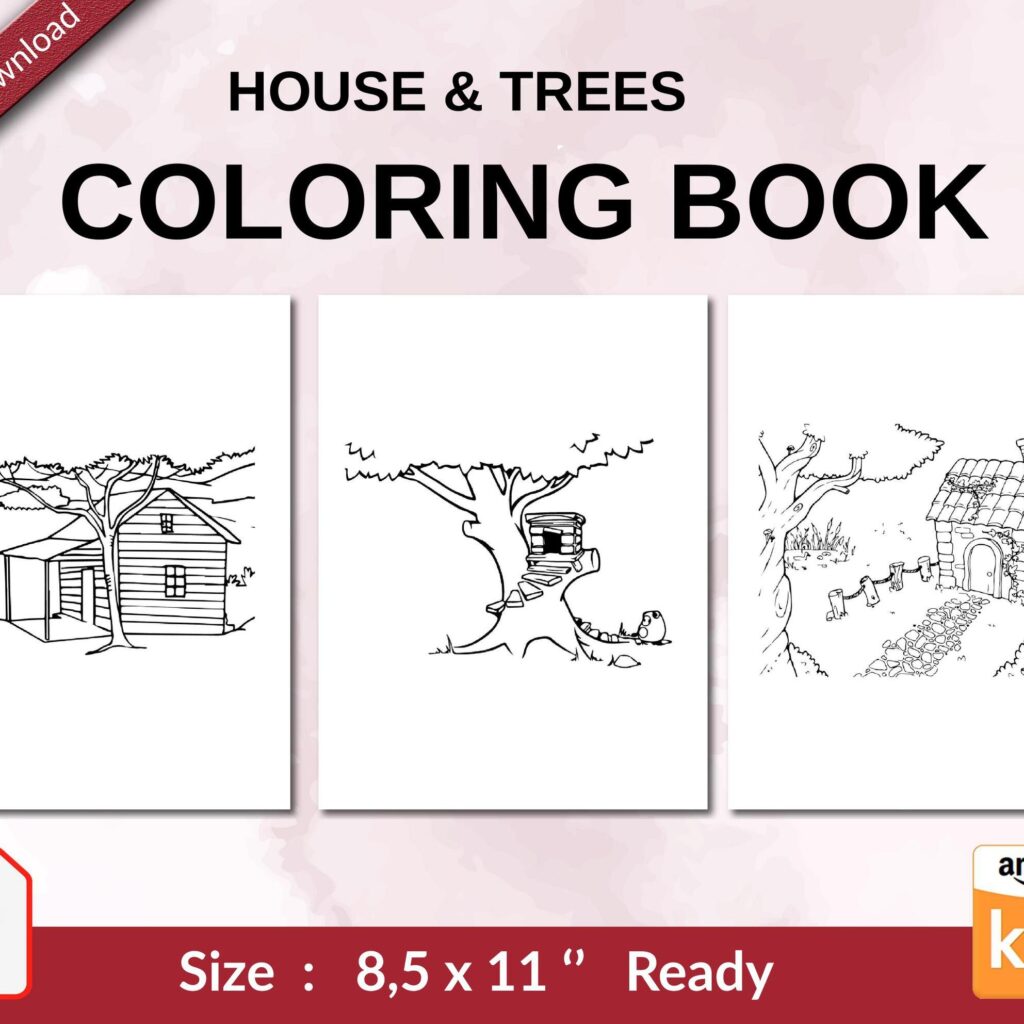 House & Trees Coloring book For Kids aged 2-4 4-8 8-1, PDF File 8.5×11 inch, KDP interior Ready To Upload COMMERCIAL Use