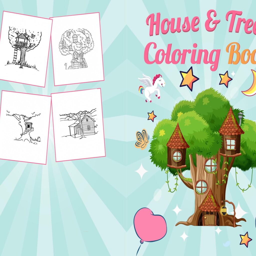House & Trees Coloring book For Kids aged 2-4 4-8 8-1, PDF File 8.5×11 inch, KDP interior Ready To Upload COMMERCIAL Use