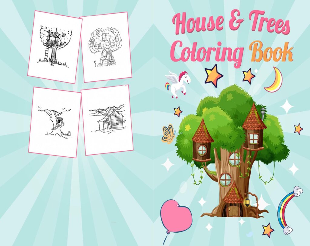 House & Trees Coloring book For Kids aged 2-4 4-8 8-1, PDF File 8.5×11 inch, KDP interior Ready To Upload COMMERCIAL Use