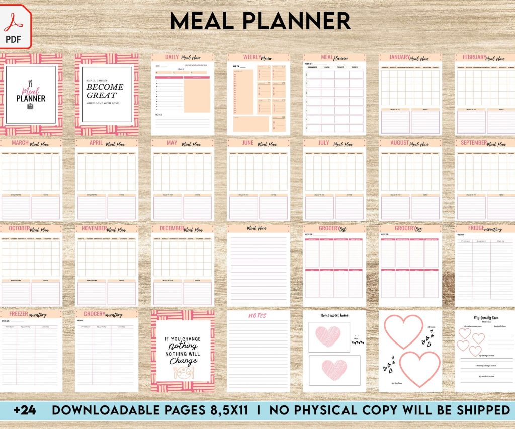 Meal planner, Daily weekly monthly Planner, Grocery List, Fridge Inventory, PDF Printable, Kdp interior