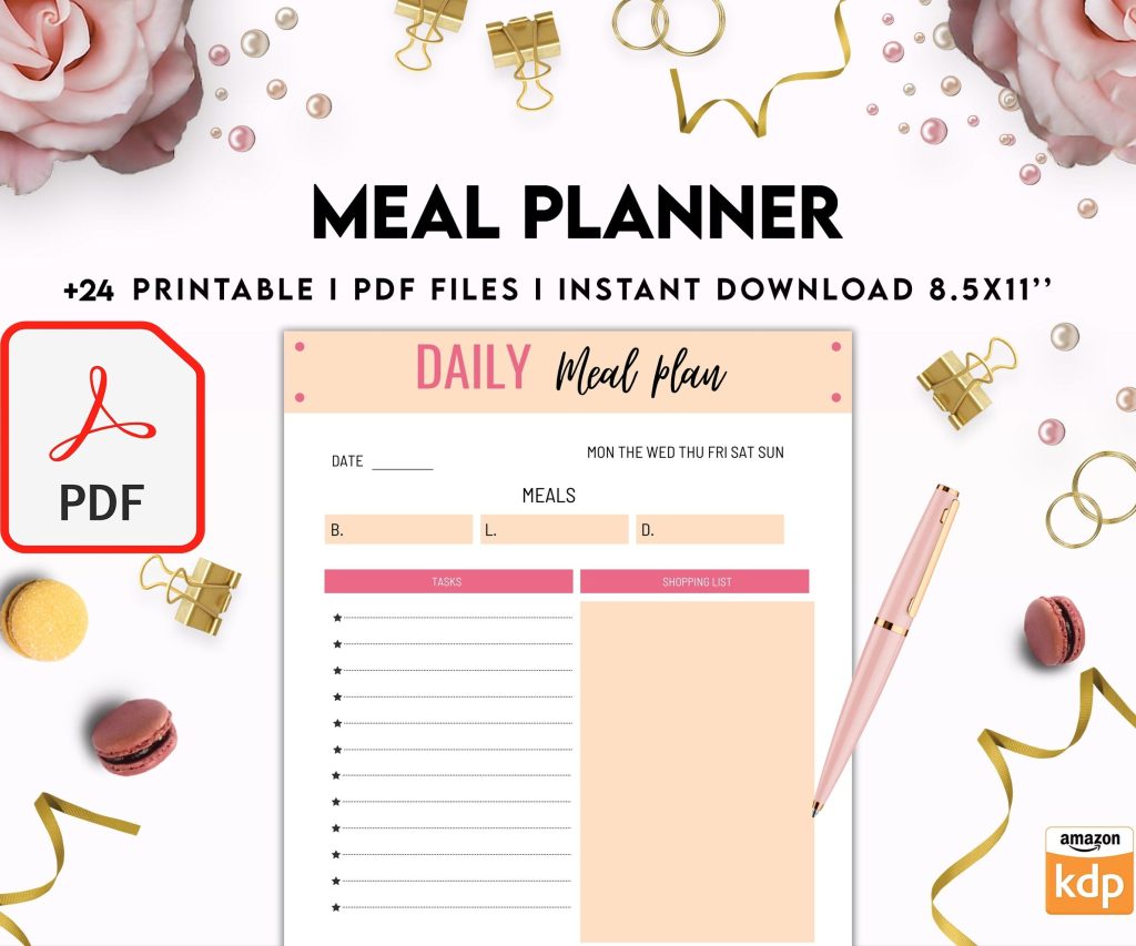 Meal planner, Daily weekly monthly Planner, Grocery List, Fridge Inventory, PDF Printable, Kdp interior