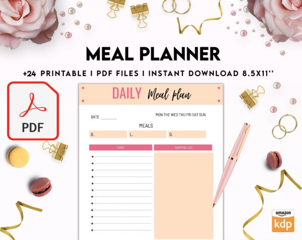Meal planner, Daily weekly monthly Planner, Grocery List, Fridge Inventory, PDF Printable, Kdp interior