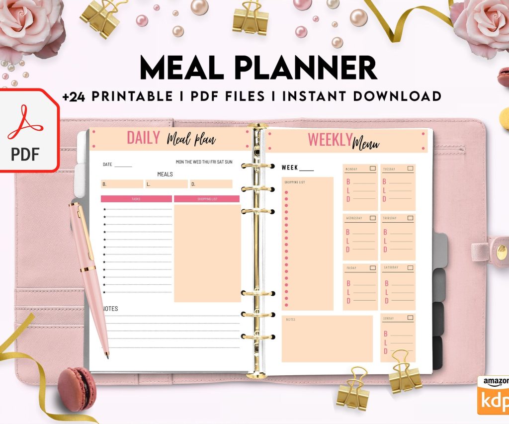 Meal planner, Daily weekly monthly Planner, Grocery List, Fridge Inventory, PDF Printable, Kdp interior