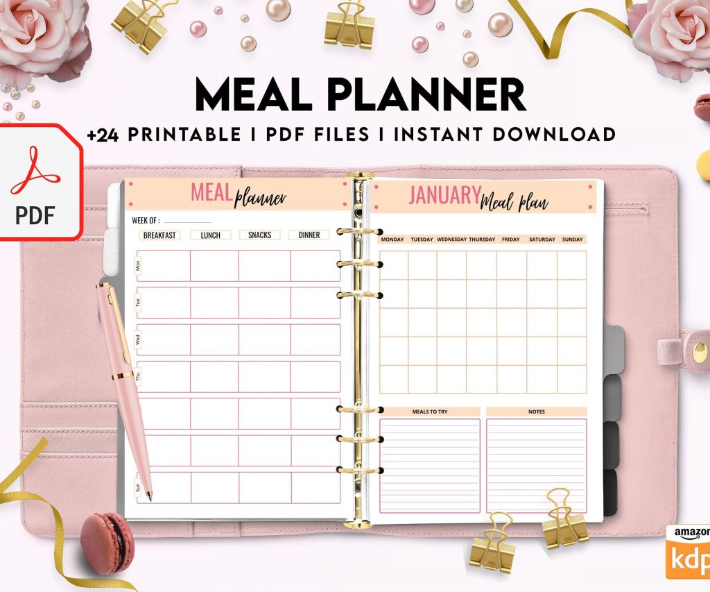 Meal planner, Daily weekly monthly Planner, Grocery List, Fridge Inventory, PDF Printable, Kdp interior