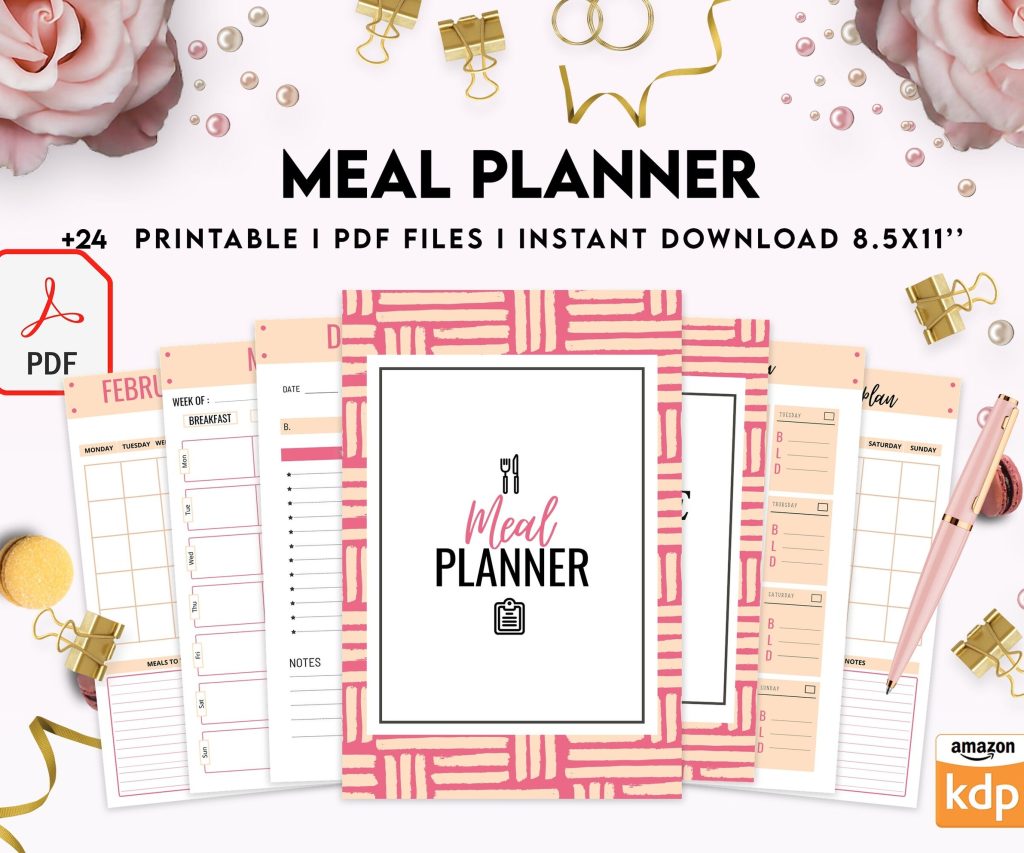 Meal planner, Daily weekly monthly Planner, Grocery List, Fridge Inventory, PDF Printable, Kdp interior