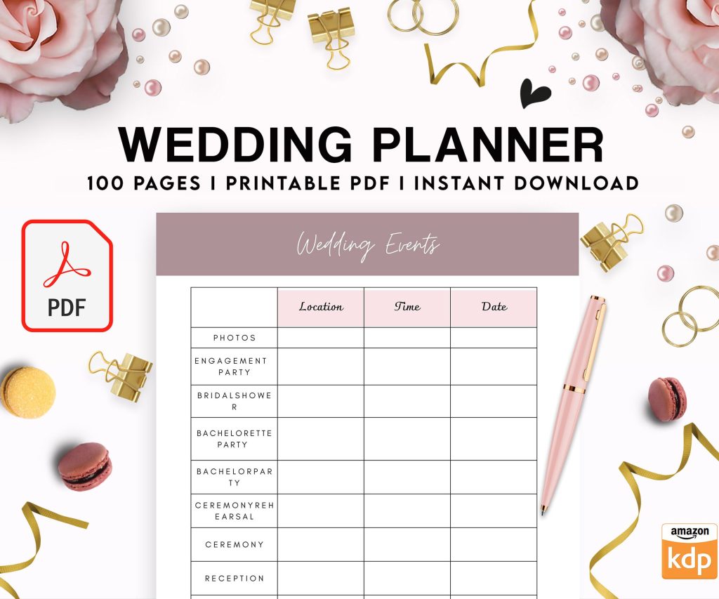 100 Pages Wedding Planner, 8×11 inch pages size Wedding Pages, Wedding Plan Bundle, Wedding Planning Book, PDF Printable, Kdp interior