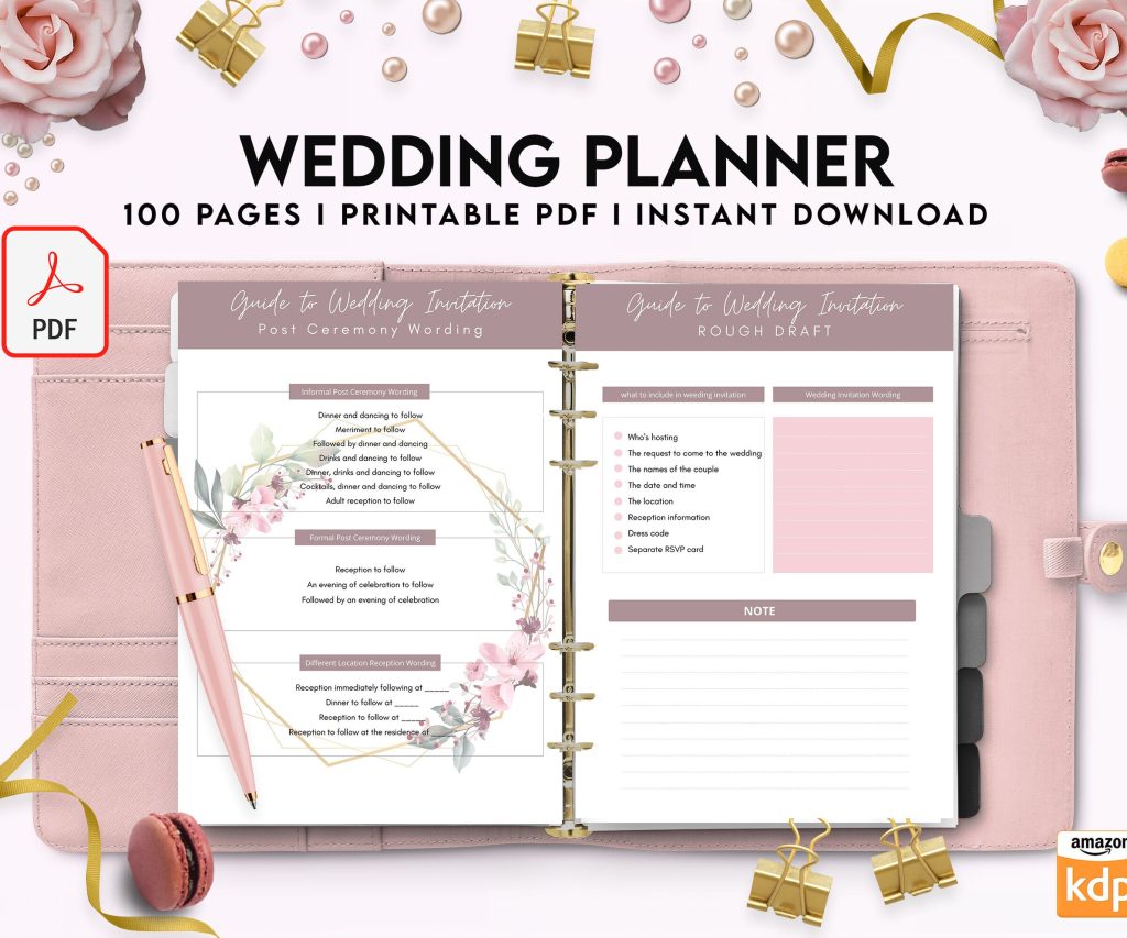 100 Pages Wedding Planner, 8×11 inch pages size Wedding Pages, Wedding Plan Bundle, Wedding Planning Book, PDF Printable, Kdp interior